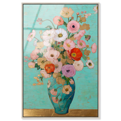 Décoration murale florale encadrée à motif floral "Vase turquoise" par Art Remedy, cadre argenté, 16 x 24