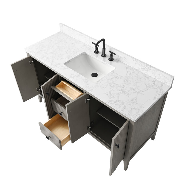 Ensemble de meuble-lavabo autoportant avec lavabo en marbre 60 po Lavallon, Gris flottant linéaire, Noir mat