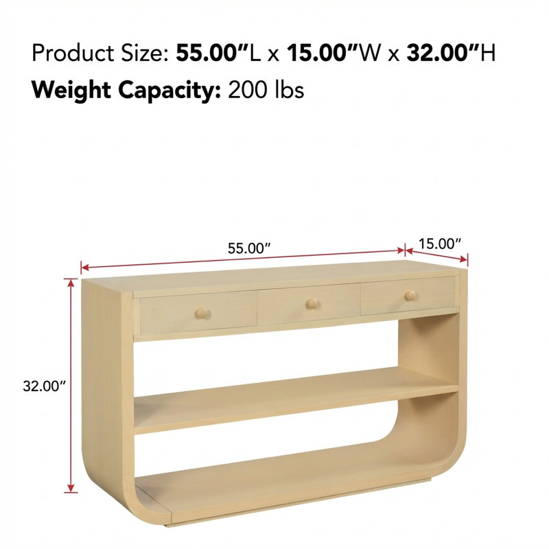Console moderne courbée avec 3 tiroirs à fermeture en douceur et 2 tablettes de rangement ouvertes, base en bois massif robuste, table d'entrée multi-scène polyvalente