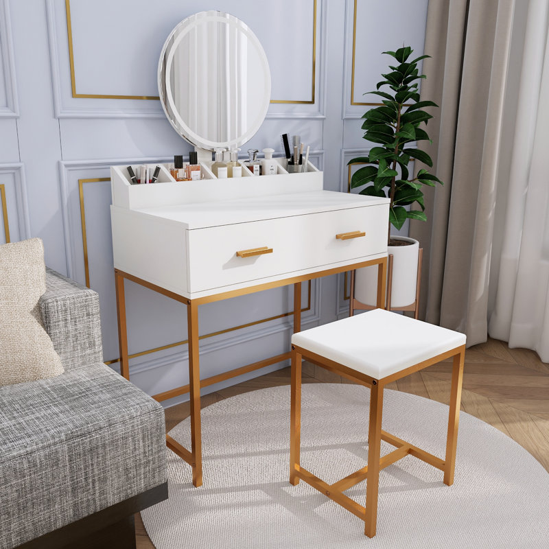Ensemble de coiffeuse avec miroir et tabouret - coiffeuse de maquillage avec tiroirs de rangement et organisateur, blanc et doré, conception peu encombrante pour les petites chambres