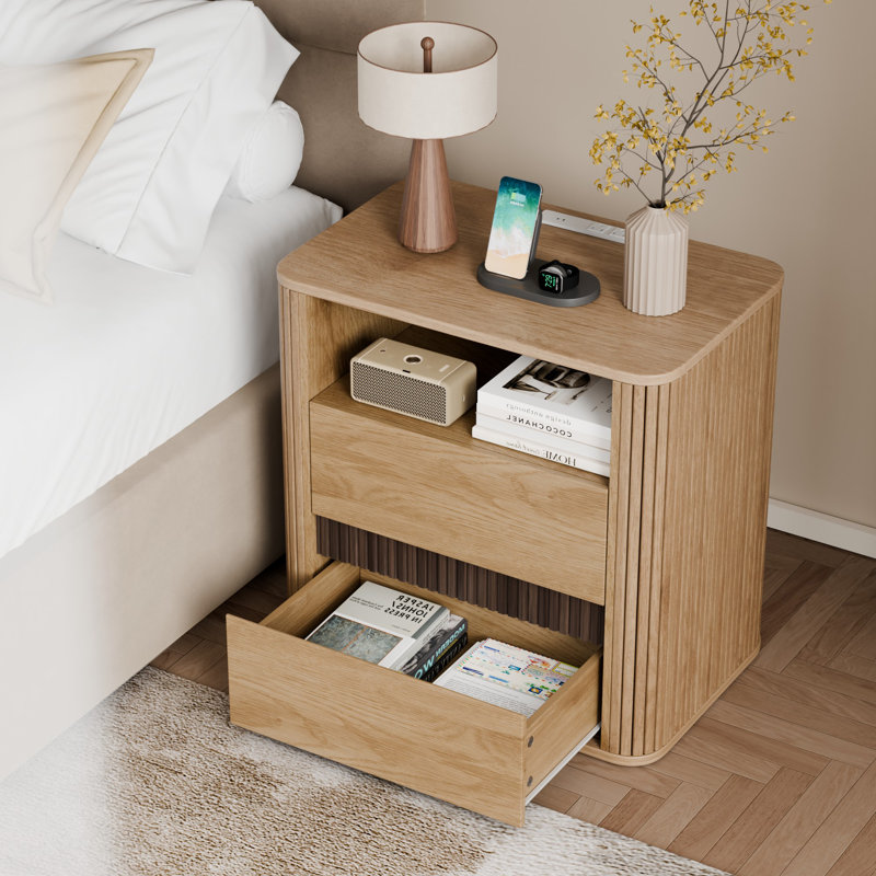2 Drawer Nightstand With Charging Station, Natural Oak