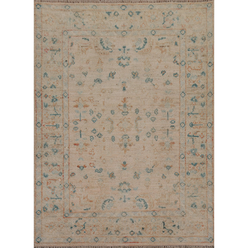 Tapis beige en laine noué à la main de conception unique 2 pi 11 po x 4 pi 0 po New Age