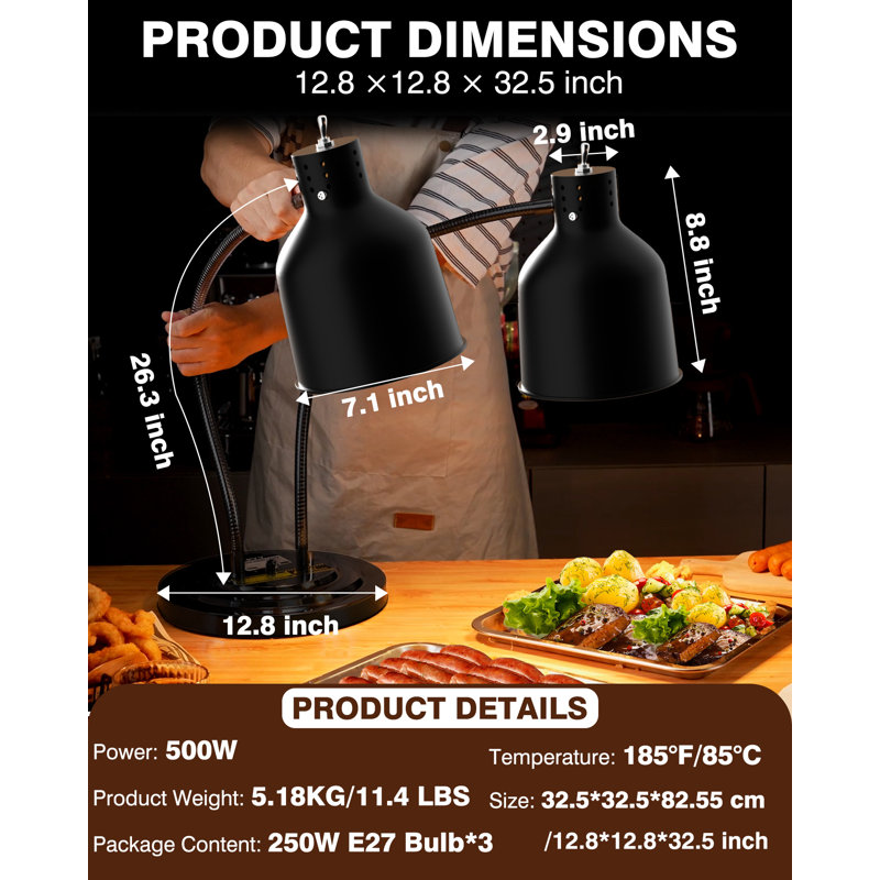  Dual Head Food Heat Lamp Adjustable Commercial Warming Light with ETL Bulbs for Restaurants and Buffets Black 500W