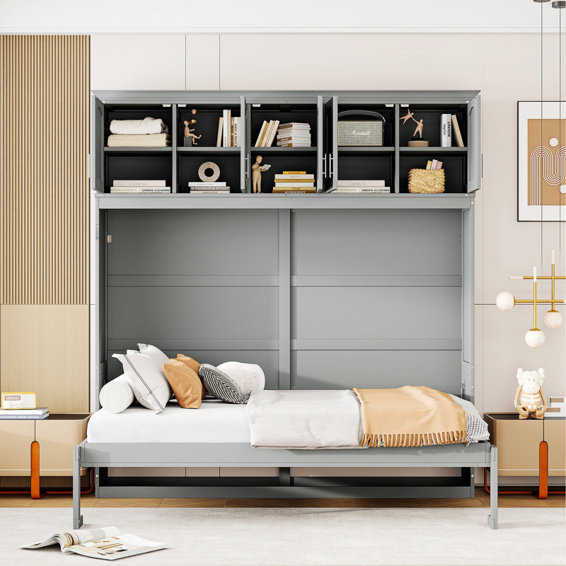 Lit escamotable mural avec armoires supérieures Murphy, Double, Gris