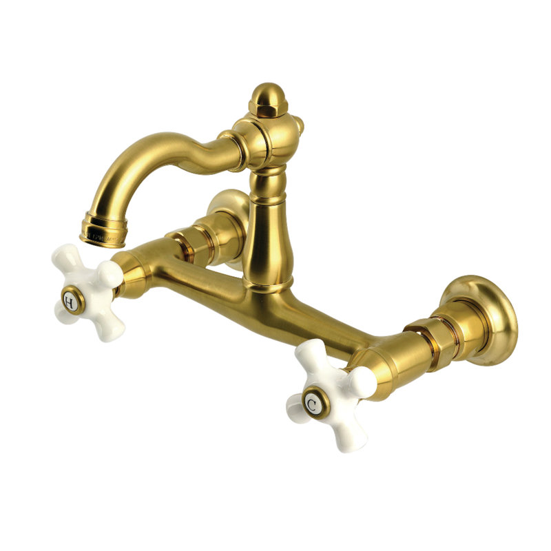 Kingston Brass Vintage Double-Handle 2-Hole Wall-Mount Bridge Kitchen Faucet, Brushed Brass