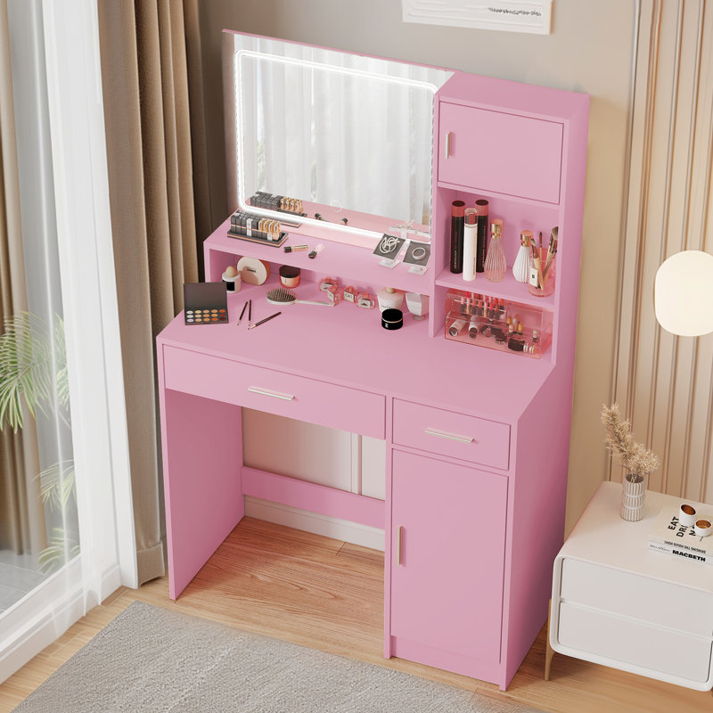 Bureau de coiffeuse avec miroir et bande lumineuse à DEL, coiffeuse avec grand tiroir, commode de rangement à 3 niveaux et 3 modes d'éclairage à luminosité réglable