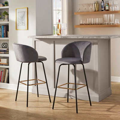Fixed-Height Barstool With Swivel In Black Metal And Grey Velvet With Square Gold Metal Footrest - Set Of 2