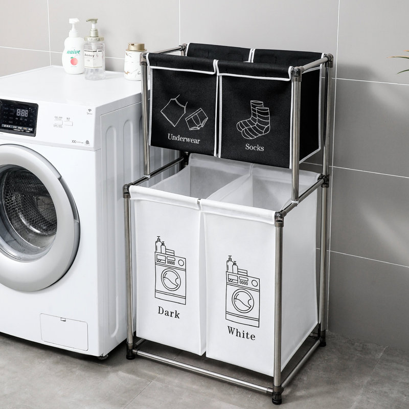 Panier à linge à 2 niveaux avec 4 sacs détachables - Étanche, panier de base stable, amovible