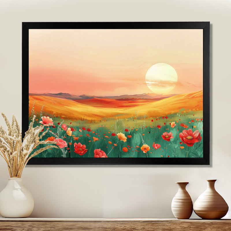 «Flower Meadows At Sunset II - Landscape Mountains», art mural, H 34 po x l 44 po x P 1,5 po, Cadre simple noir