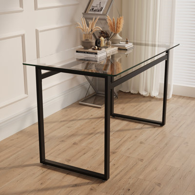 Table de salle à manger rectangulaire moderne en verre 51 po pour 4-6 personnes, plateau en verre trempé, pieds en métal chromé noir, bureau de cuisine / salon | Idée cadeau