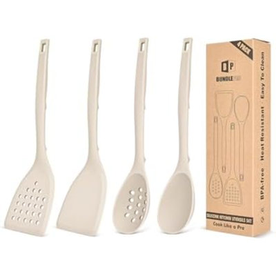Ensemble de 4 ustensiles de cuisine en silicone, comprenant des spatules solides antiadhésives et des cuillères à égoutter résistantes à la chaleur avec crochets, idéal pour frire, servir, retourner et remuer (kaki).