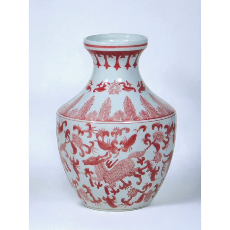 Vase en porcelaine 14 "avec motif floral, Rouge / blanc