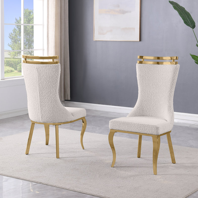 Boucle Dining Chairs With Polished Chrome Frame, Gold, Cream
