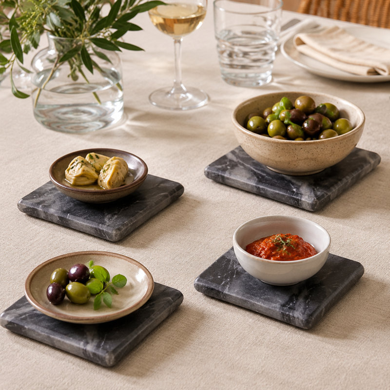 Dessous de verre carrés en marbre gris véritable, fabriqués à la main