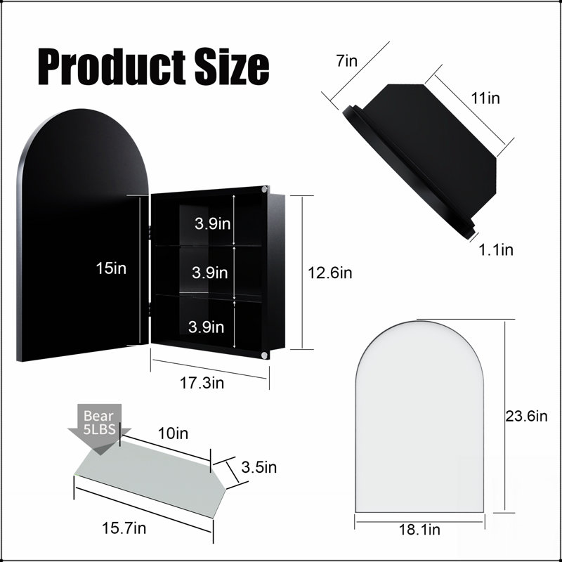 Pharmacie d'angle en métal 18 po x 24 po avec miroir arqué, tablettes réglables et conception compacte pour les petites salles de bain