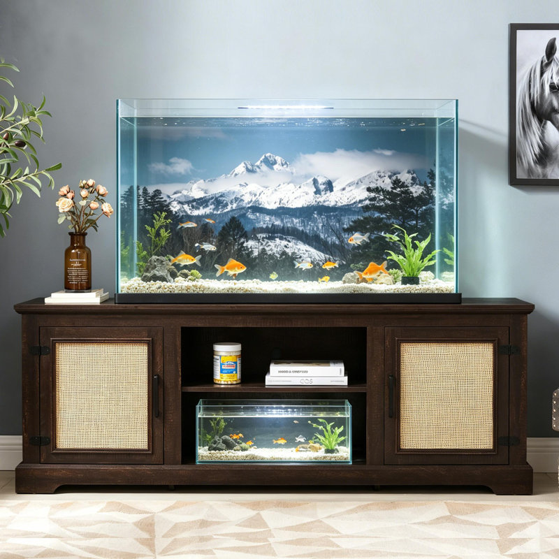 65" Mid-Century Modern TV Stand for TVs up to 70", Entertainment Center with Rattan Doors, Fish Tank Cabinet with Storage Cabinets & Adjustable Shelves, Fish Tank Cabinet for Living Room, Bedroom