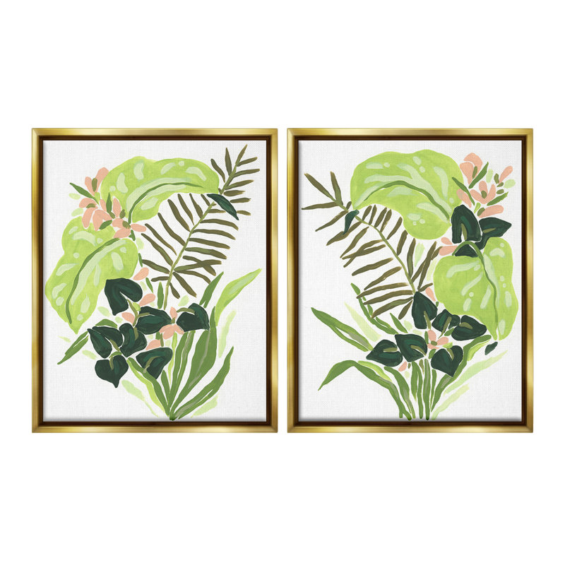 "Fleurs tropicales abstraites" par June Erica Vess, 2 pièces sur toile, Cadre flottant métallique doré, H 31 po x l 25 po