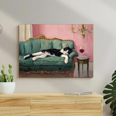 Framed Tuxedo Cat With Red Wine Canvas Wall Art Quirky Whimsical Cocktail Bar Cart Painting Picture Wall Decor Eclectic Bar Decor Poster Print Artwork For Bar Kitchen Dining Room Bedroom