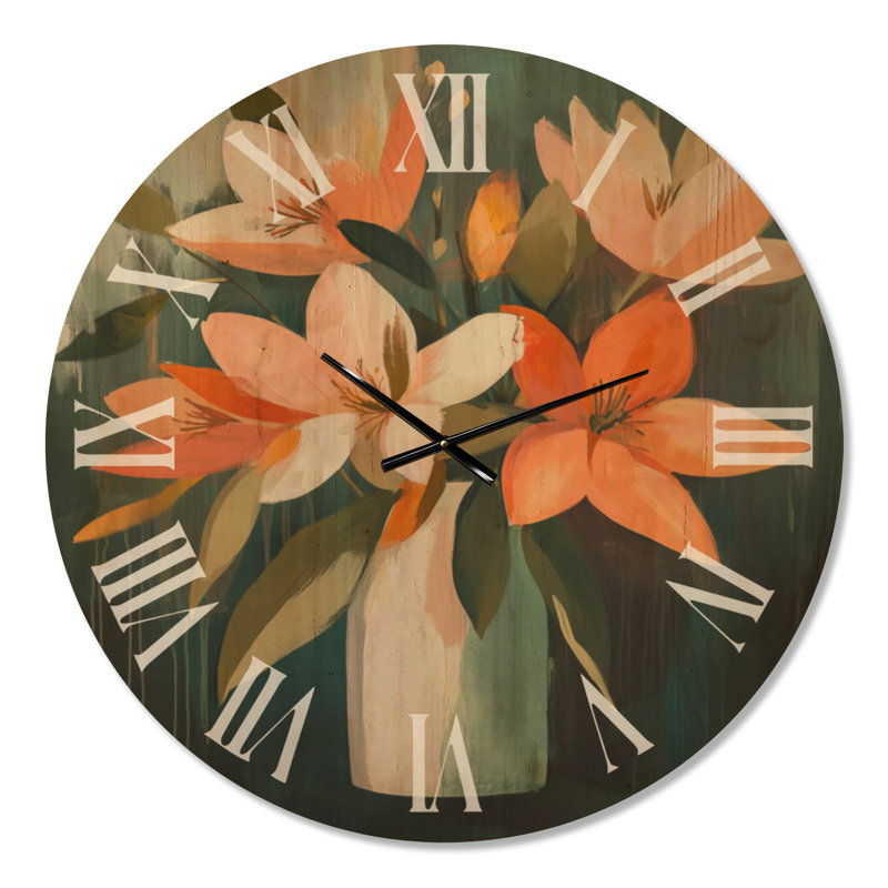 Vase Coral Bloom - Grande horloge murale en bois à motif floral, Très grand