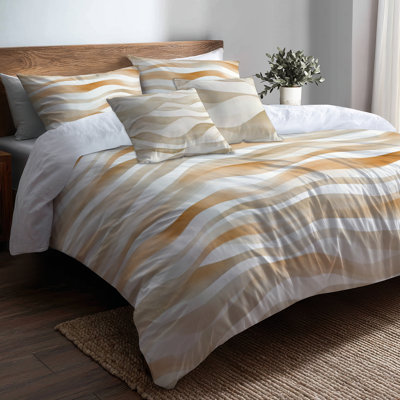 Striped 6 Pcs Comforter Set - Modern Beige And Orange Beige Waves Comforter Bedding Set
