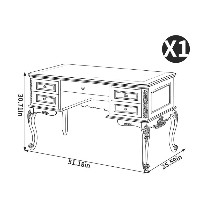 Bureau de style européen rétro sculpté, H 30,71 po x l 51,18 po x P 25,59 po