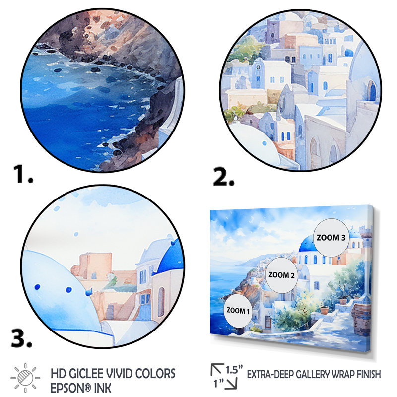 Art mural bleu et blanc Santorini Village II - Grèce, Cadre flottant noir, H 12 po x l 20 po x P 1 po