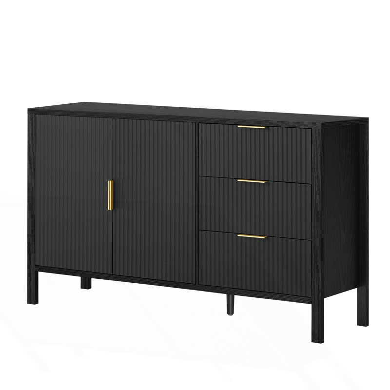 Modern Wave-Pattern Sideboard With 3 Drawers, Large Storage Buffet Cabinet, Black