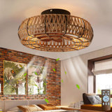 20" Caged Ceiling Fans with Lights and Remote, Boho Flush Mount Ceiling Fan with Light, Low Profile Chandelier 6 Speed Bladeless Reversible Ceiling Fan w/ 4 Bulbs. for Living Room Bedroom.