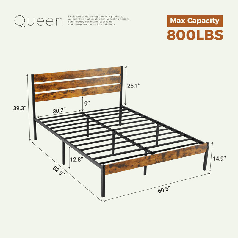 Metal Bed Frame with Wood Headboard, Under-Bed Storage Space, Noise Free Design, Queen