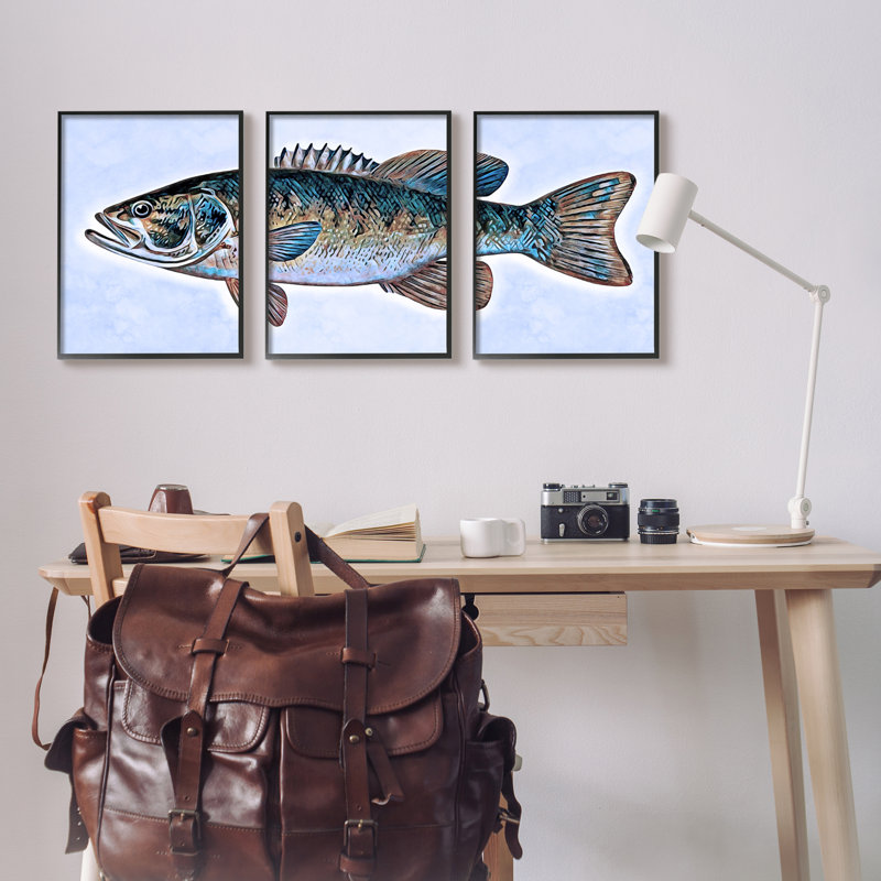 «Marine Bass Fisherman Sea Life» par Ashley Aldridge - 3 pièces, impression, H 30 po x l 72 po x P 1,5 po