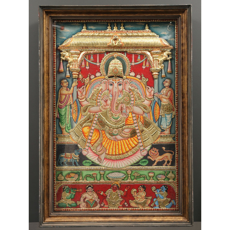 Bhawawan Ganapati Tanjore, peinture | Avec cadre en bois de teck rétro