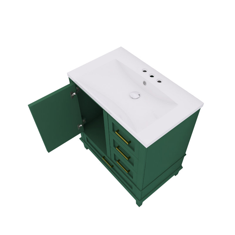 Meuble-lavabo autoportant de 30 po avec lavabo en céramique, porte à fermeture douce et 3 tiroirs, Vert