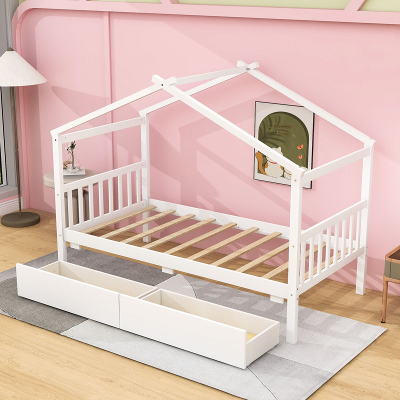 Twin Size Wooden House Bed With Drawers, White