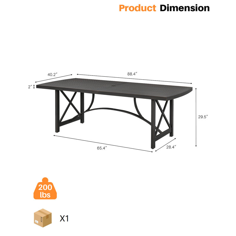 Table de salle à manger d'extérieur pour 8 personnes, table de salle à manger d'extérieur en aluminium avec trou pour parasol 2,2 po, très grande table d'extérieur rectangulaire pour 8 personnes pour terrasse, jardin, porche, bord de piscine