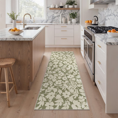 Vilve Floral Machine Washable Beige/Sage Green Indoor Area Rug With Non-Slip Backing
