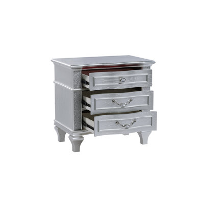 Contemporary Silver Nightstand With Three Drawer Storage, Velvet - Lined Top Drawer, Crystal Accents On Edges, 28"l * 18"w 27"h For Bedroom In Style, Finish, Spacious Drawers, Delicate Items, Accents,