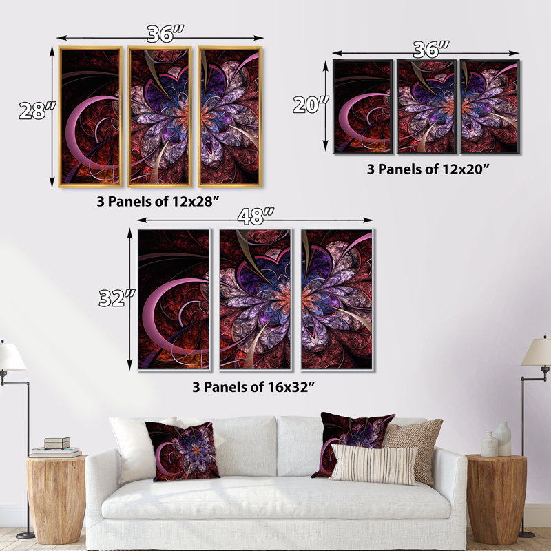 Cœur en forme de fleur fractale - ensemble d'art mural moderne sur toile 3, H 28 po x l 36 po x P 1 po, Noir