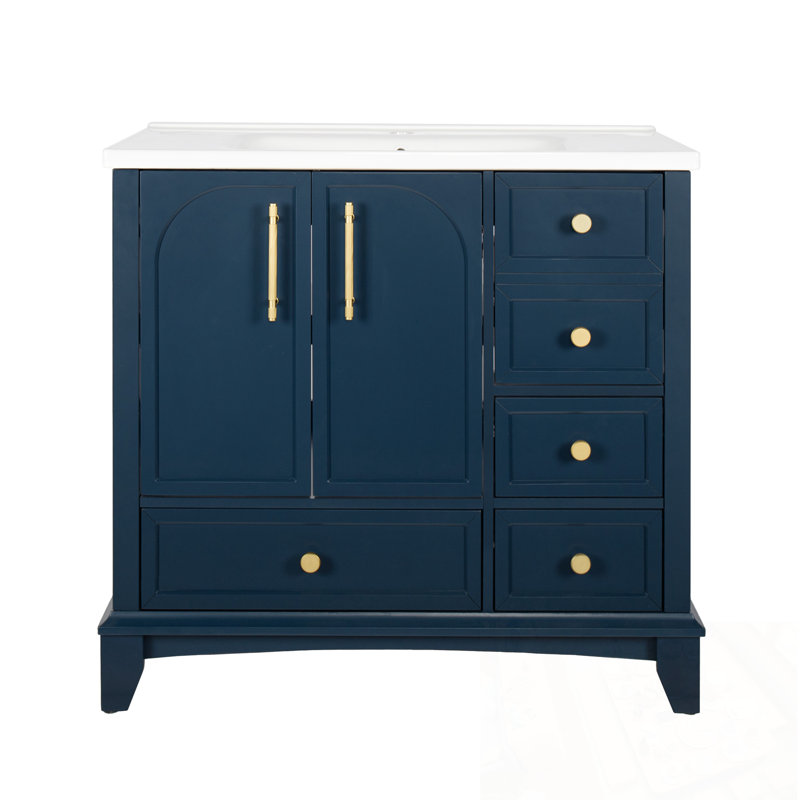 Meuble-lavabo de salle de bain avec lavabo, tiroirs et poignées en métal, Bleu