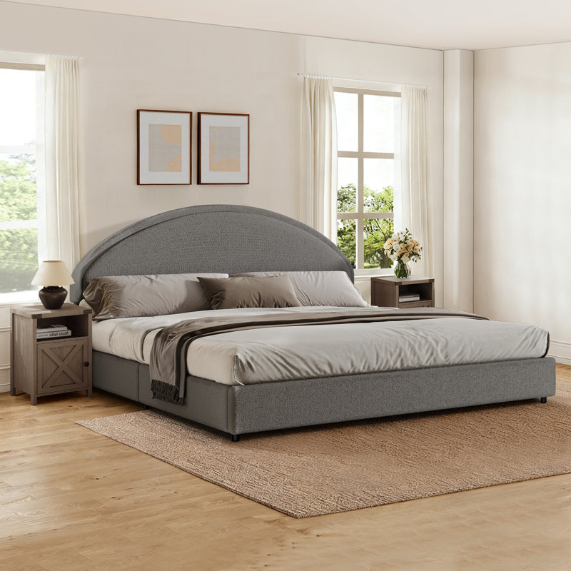 Ensemble de chambre à coucher rembourrée 3 pièces et ensemble de 2 tables de chevet, Gris pâle / gris, Très grand