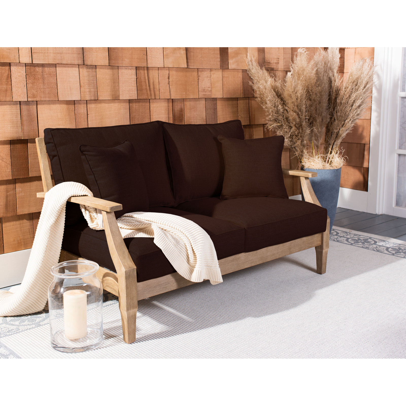 Samya Outdoor Loveseat with Cushions, Natural/Dark Brown