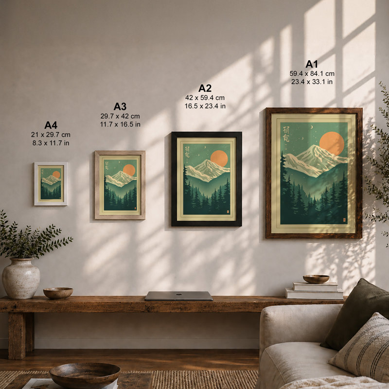 Mountain Under Rising Sun Japandi - Framed Print, A1 - 84.1 x 59.4 cm, Oak