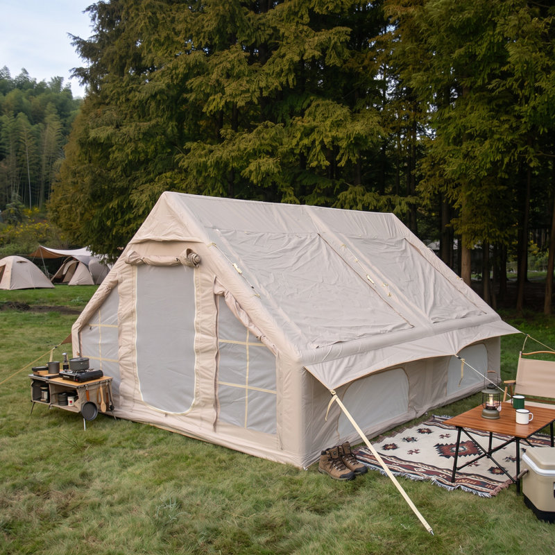Tente gonflable de style cabane, fini beige, 3 x 4 m, abri gonflable imperméable 4 saisons et coupe-vent avec pompe manuelle, panneaux en maille fine et fenêtre d'accès au foyer pour le camping en plein air