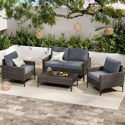 4-Piece Outdoor Conversation Set with Coffee Table, Loveseat and Chairs, All-Weather Metal Patio Sofa Set with Cushions for Garden, Poolside, Porch, Grey