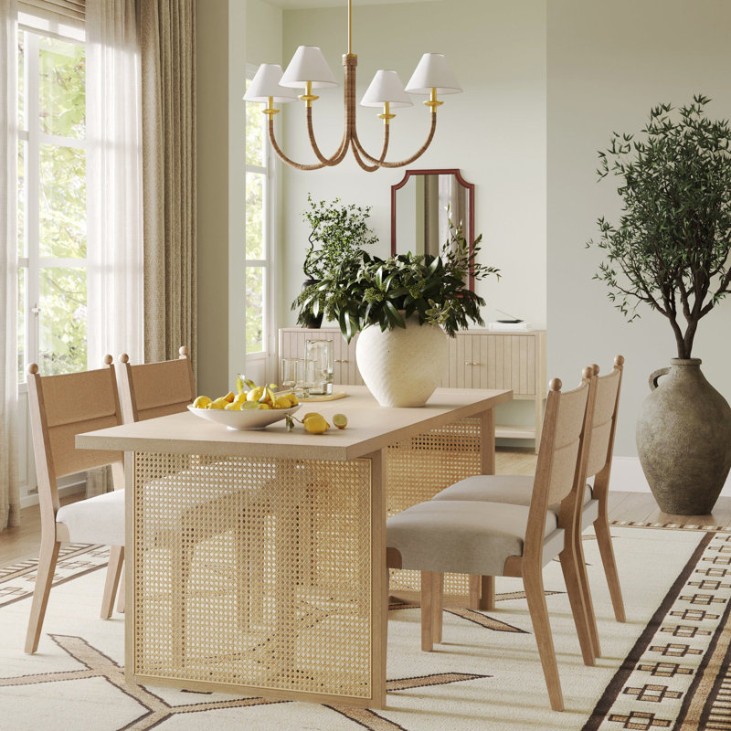 Boho Dining Table For 6 With Rattan Accent, Light Brown