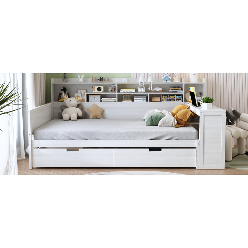 Lit de jour moderne avec rangement et bureau Dreamlet, Complet/Double, Blanc antique