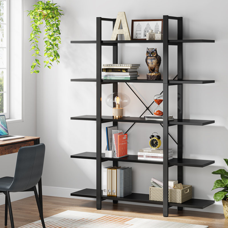 Erilyn 47.24" W  5 -Shelf  Industrial Bookshelf Bookcase, Black/Black