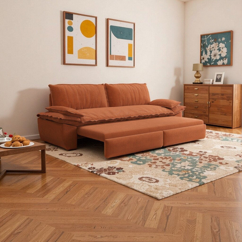 Boneless 3-in-1 Convertible Sleeper Sofa Bed with Corduroy Upholstery? 73.2" Queen Pull Out Sofa Bed Loveseat, Orange