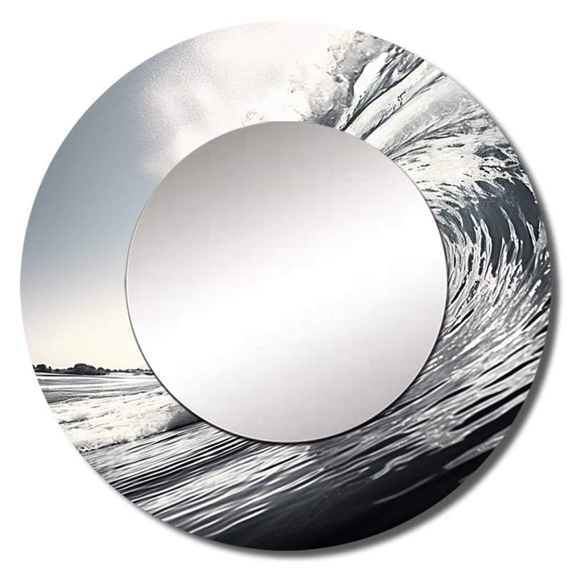 Samarion Black And White Wave Photo II - Beach Decorative Mirror, Gray Large Round Wall Mirror, Printed Metal Art, 36" x 36"