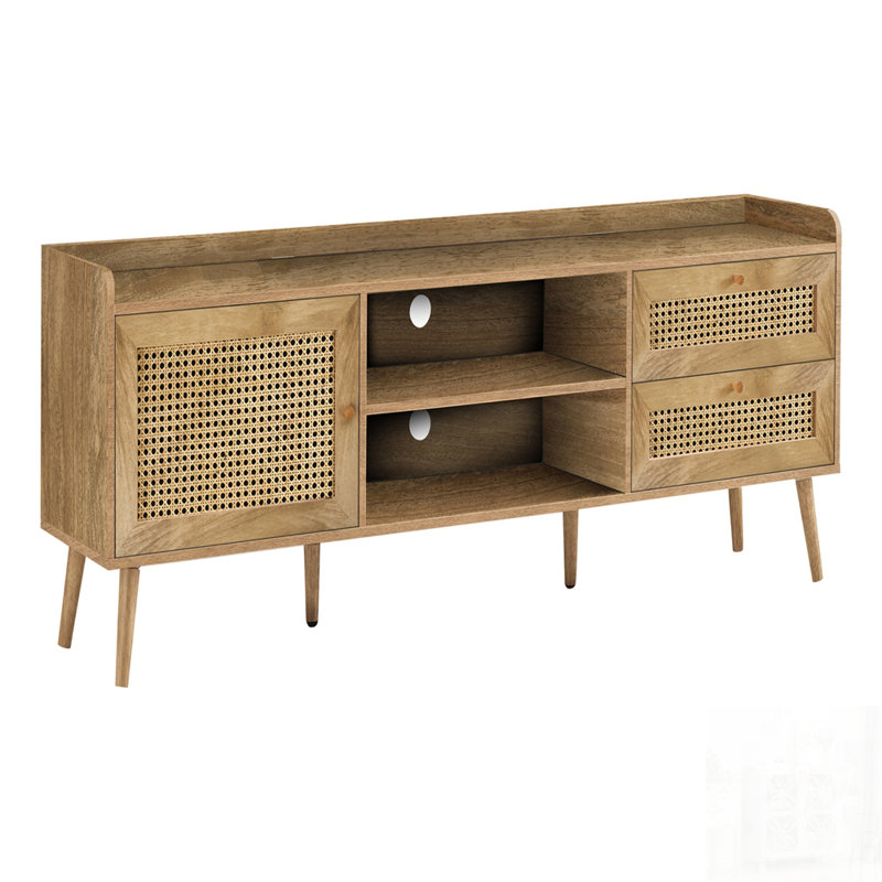 Meuble télé de style transitionnel durable avec pieds réglables en bois, rangement fermé et tablette ouverte pour les composants multimédias