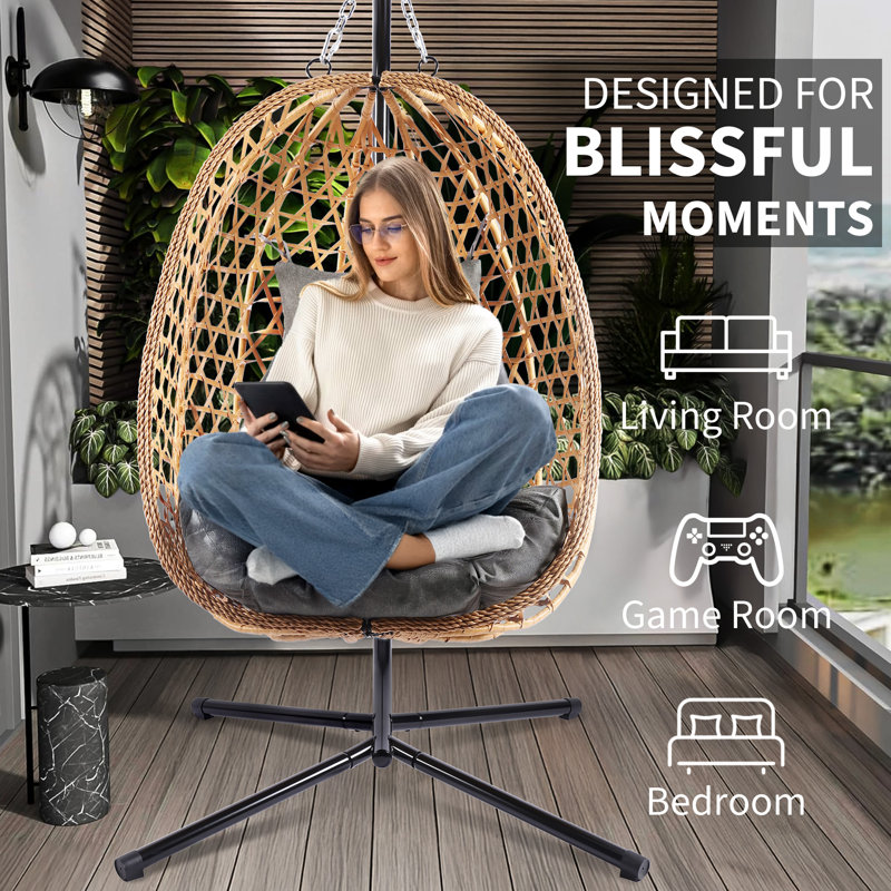 Single Person Wicker Swing Chair with Stand, Suitable for Indoor & Outdoor., Gray